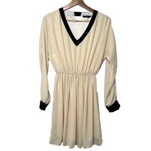 THML Womens Size Small Long Sleeve Blouson Dress Cream Black V Neckline Neutral